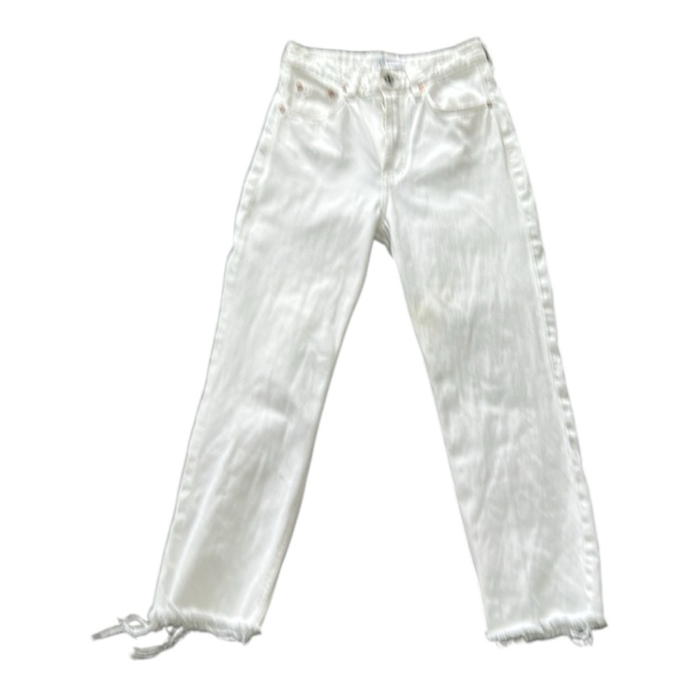 Zara Button Fly High Rise Raw Distressed Hem Straight Leg White Jeans Size 4